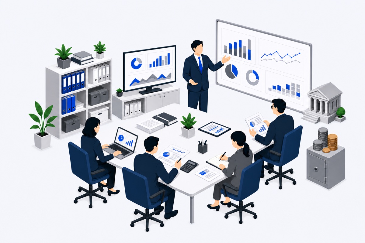 会議室でCFOが財務データを説明しているイラスト