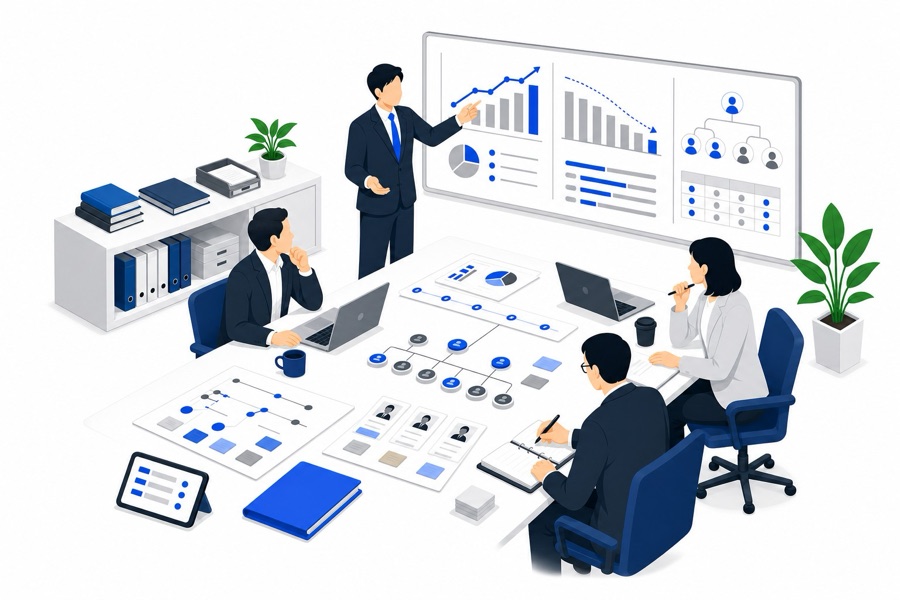 採用戦略を設計する会議のイラスト